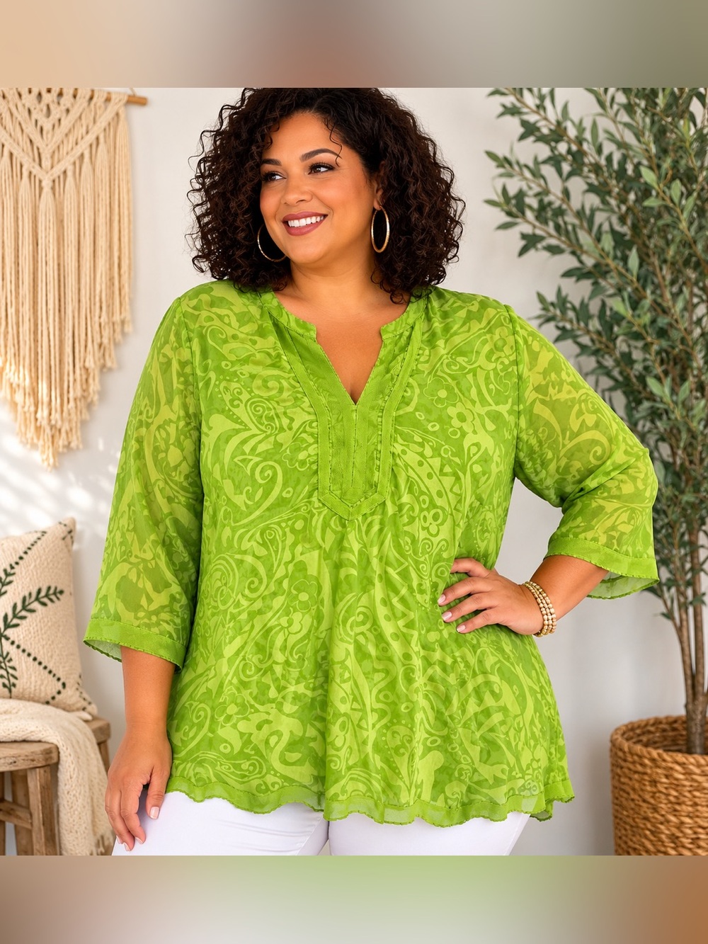 Ashley Stewart 3X Lime Green Boho Paisley Tunic Top Sheer 3/4 Sleeve